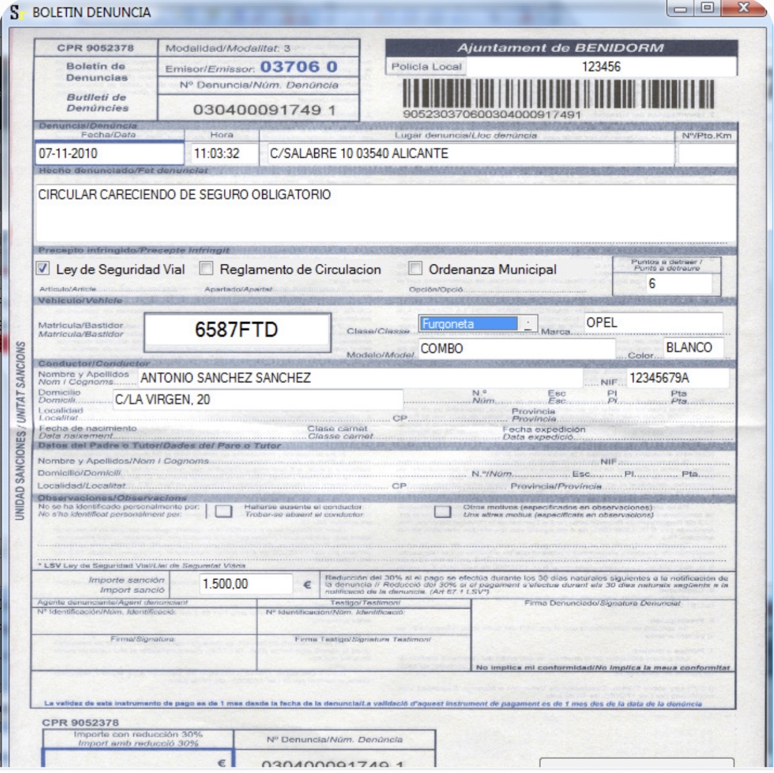 Boletín de denuncia y código de barras
